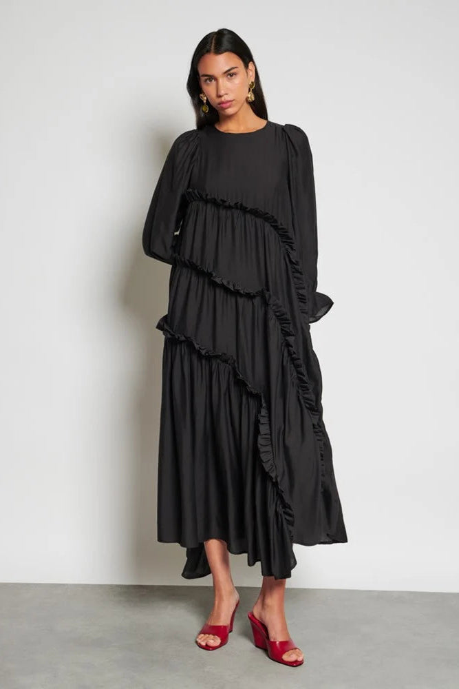 Ghospell Hestia Tiered Black Midi Dress