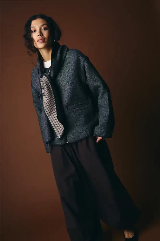 ICHI Frava Black Herringbone Scarf Detail Jacket