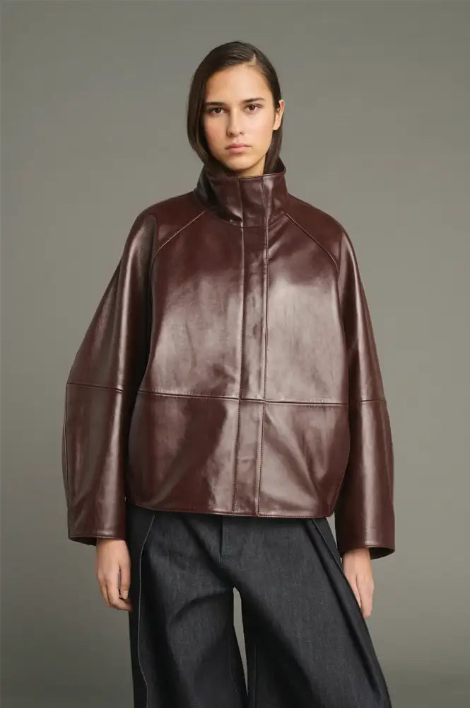 Soeur Gamma Burgundy Glazed Leather Raglan Jacket