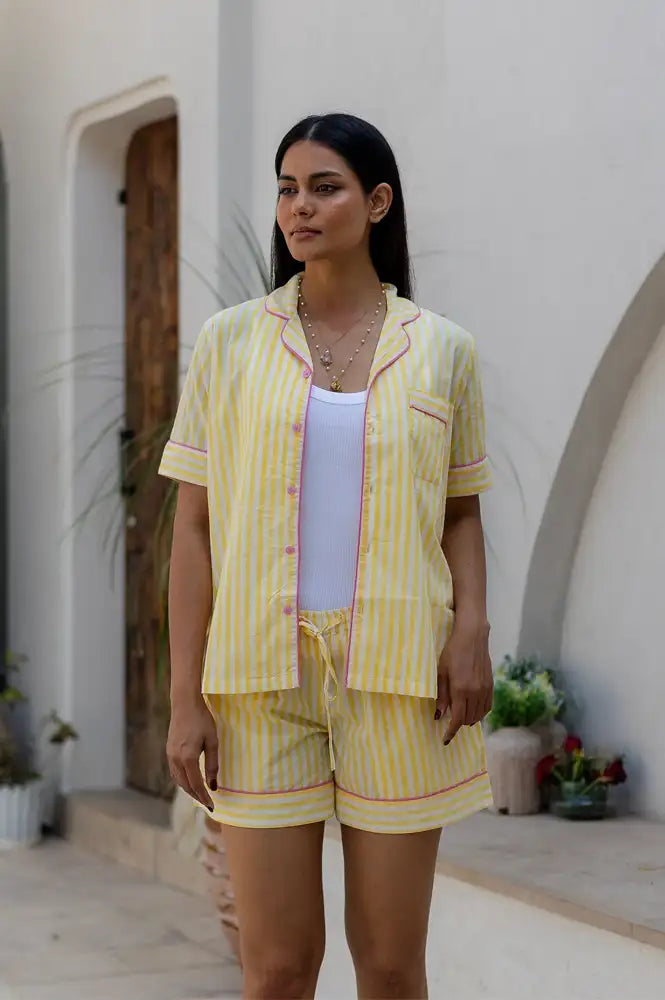 Dilli Grey Yellow Candy Striped Shorts Pyjama Set - The Mercantile London