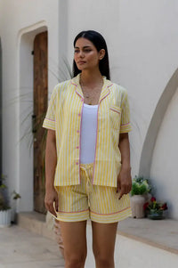 Dilli Grey Yellow Candy Striped Shorts Pyjama Set - The Mercantile London