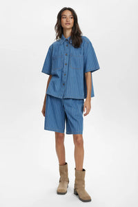 Numph Lucie Blue Denim Stripe Shorts - The Mercantile London