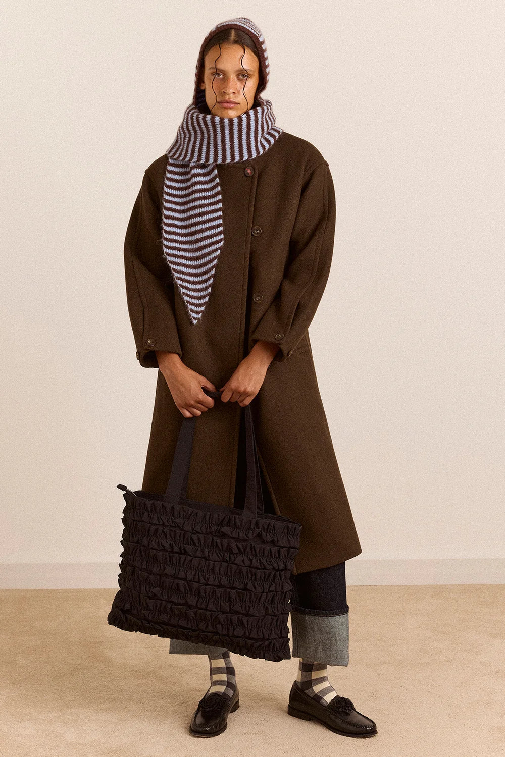 Damson Madder Blue & Choc Stripe Tie Front Hood