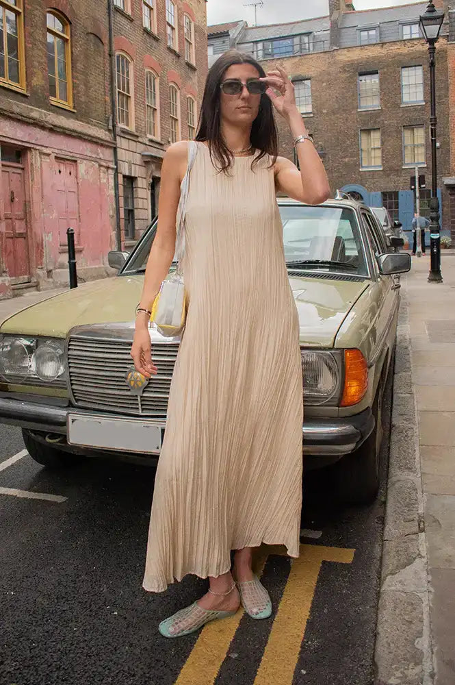Object Mabel Macadamia Pleated Maxi Dress - The Mercantile London