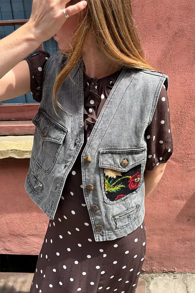 Frankie. Off Black Floral XS Vest