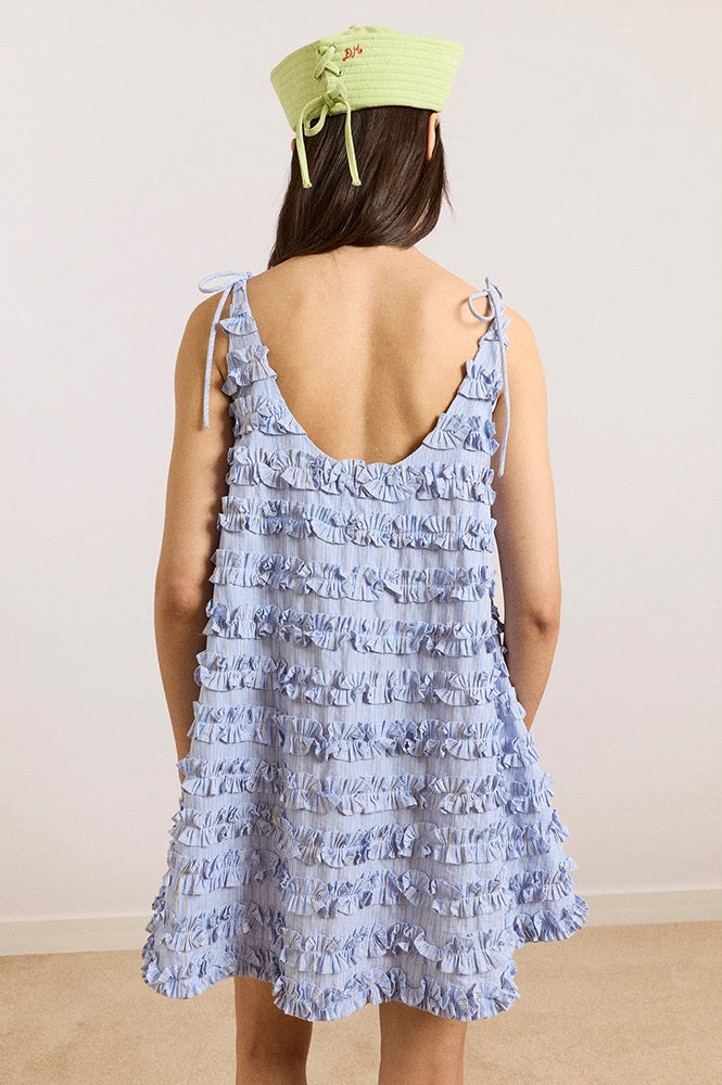 Damson Madder Leili Blue Stripe Ruffle Mini Dress - The Mercantile London