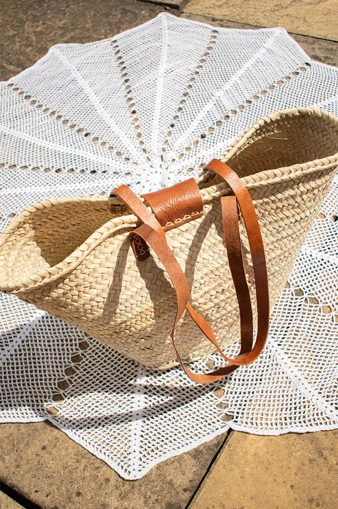 French Tan Leather Detailed Market Basket Bag