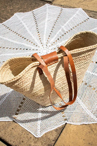 French Tan Leather Detailed Market Basket Bag