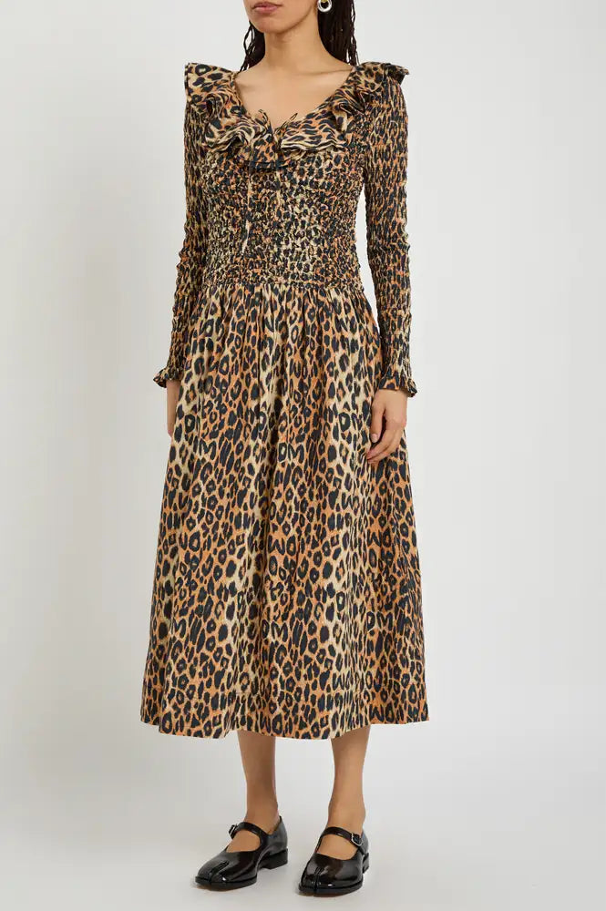Damson Madder Harper Leopard Shirred Midi Dress - The Mercantile London