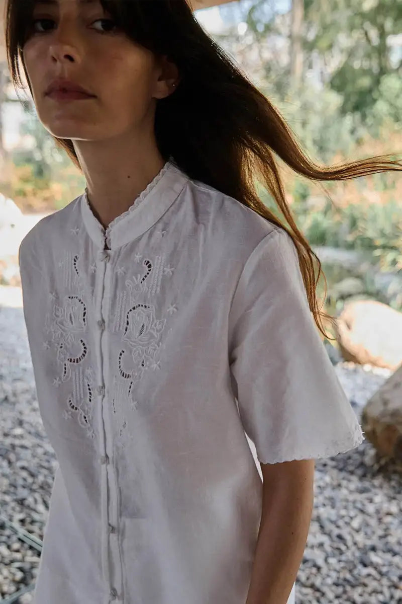 Yerse White Embroidered Mandarin Collar Shirt - The Mercantile London
