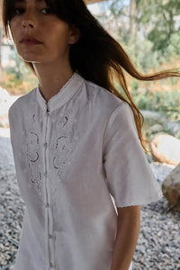 Yerse White Embroidered Mandarin Collar Shirt - The Mercantile London