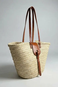 French Tan Leather Detailed Market Basket Bag