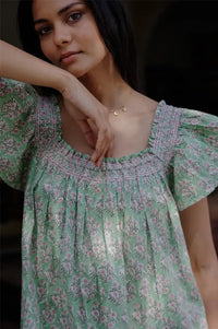 Dilli Grey Mogra Sage Smocked Nightie - The Mercantile London