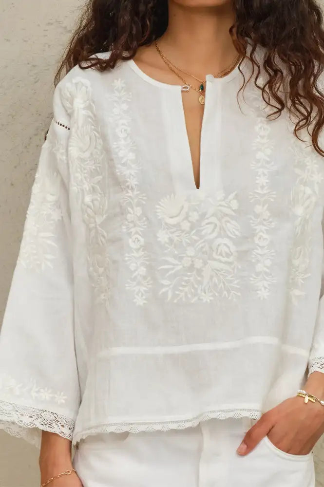 M.A.B.E Rose Ivory Embroidered Blouse
