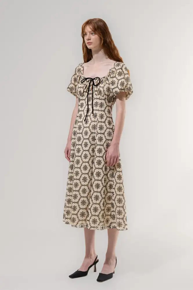 Emin + Paul Lace Shirred Beige Puff Sleeve Dress - The Mercantile London
