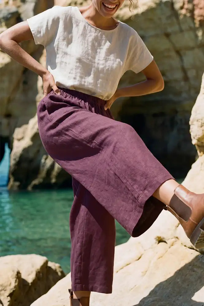 Artisans Of Humanity Wine Cropped Linen Culottes