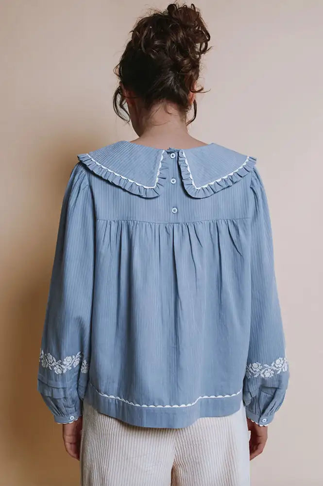 Emile Et Ida Elena Lac Blue Embroidered Blouse