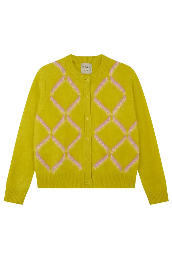 Jumper 1234 Acid Yellow Brushed Cashmere Graphic Argyle Cardigan