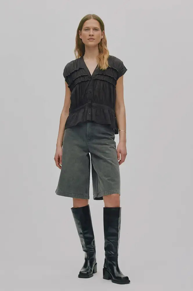Rabens Saloner Elenor Liquorice Voile Frill Top - The Mercantile London