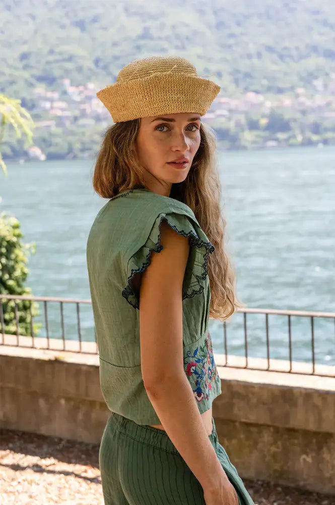 Indi & Cold Emerald Cross Stitch Embroidered Top