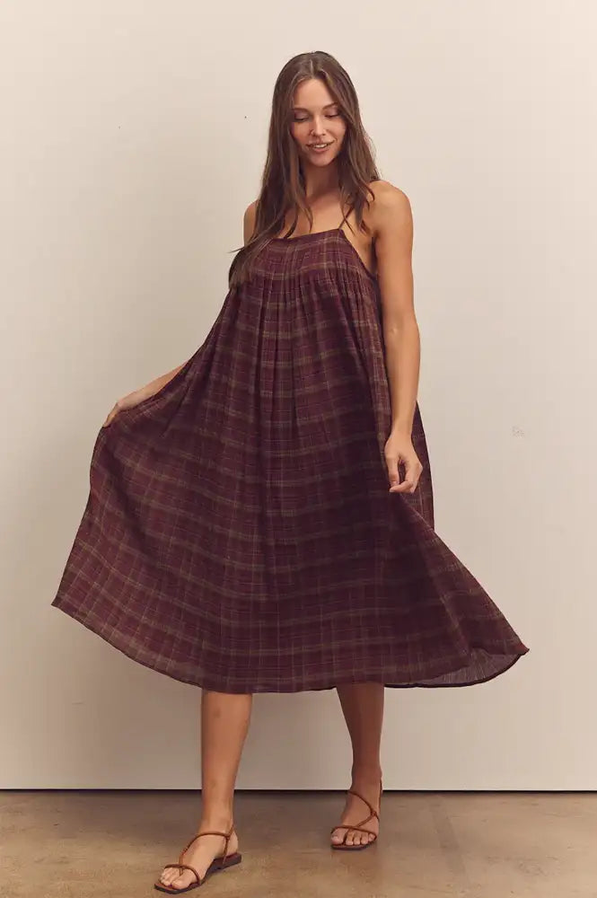 Amente Pleated Berry Checkered Dress - The Mercantile London