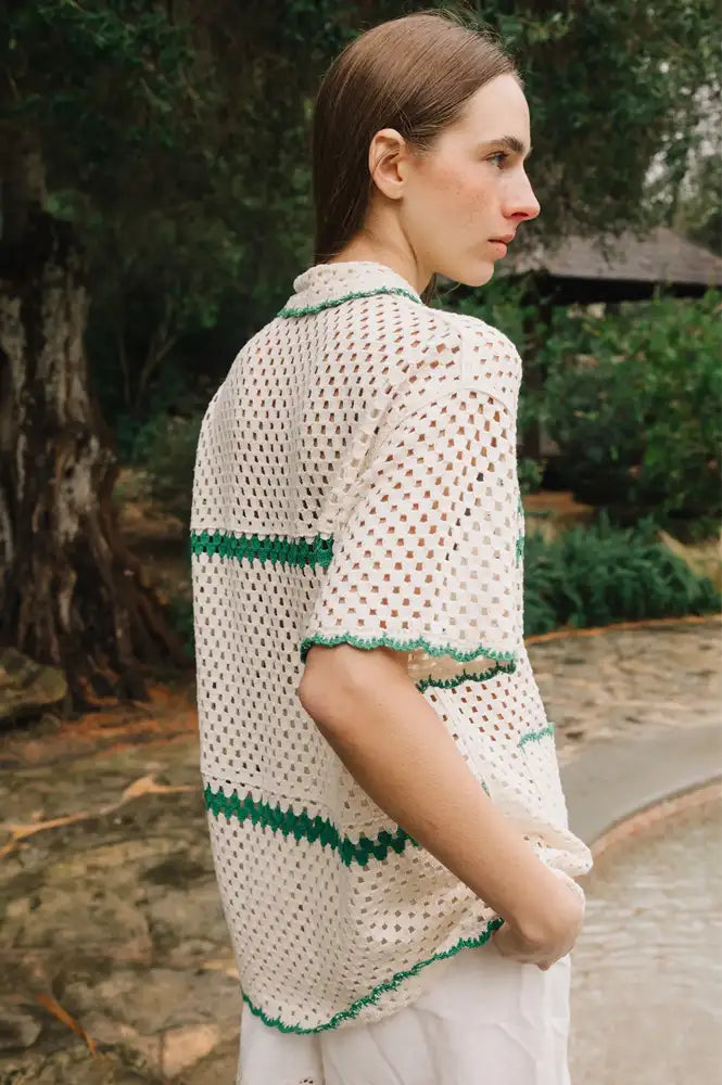 Indi & Cold Retro Green Crochet Shirt - The Mercantile London