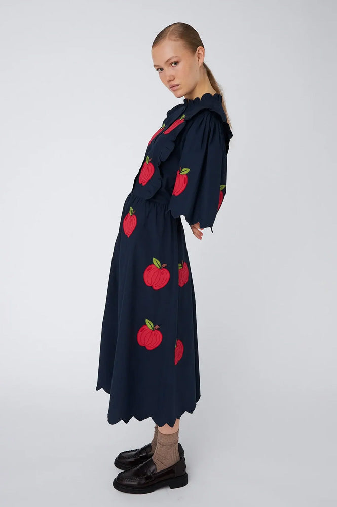 Stella Nova Apple Embroidered Navy Midi Dress - The Mercantile London