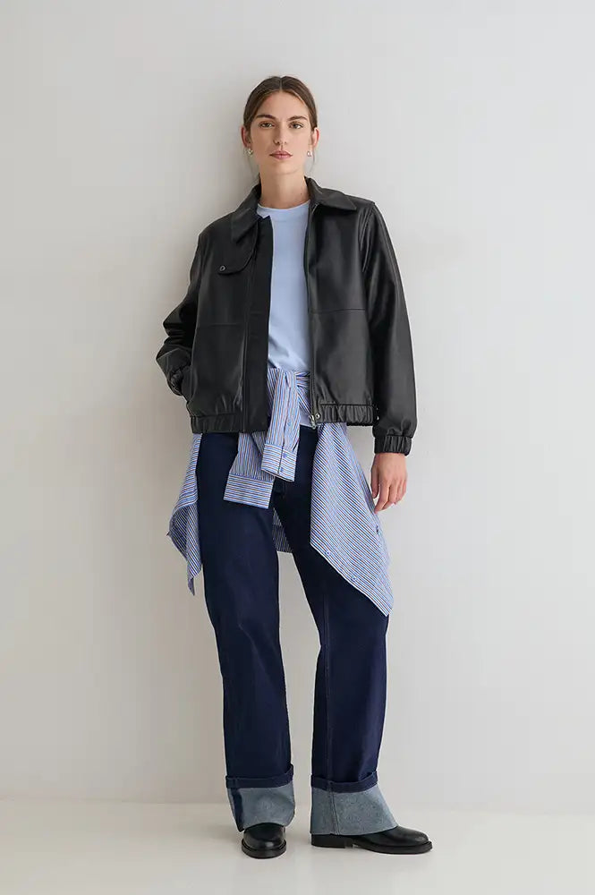 Yerse Black Leather Bomber Jacket