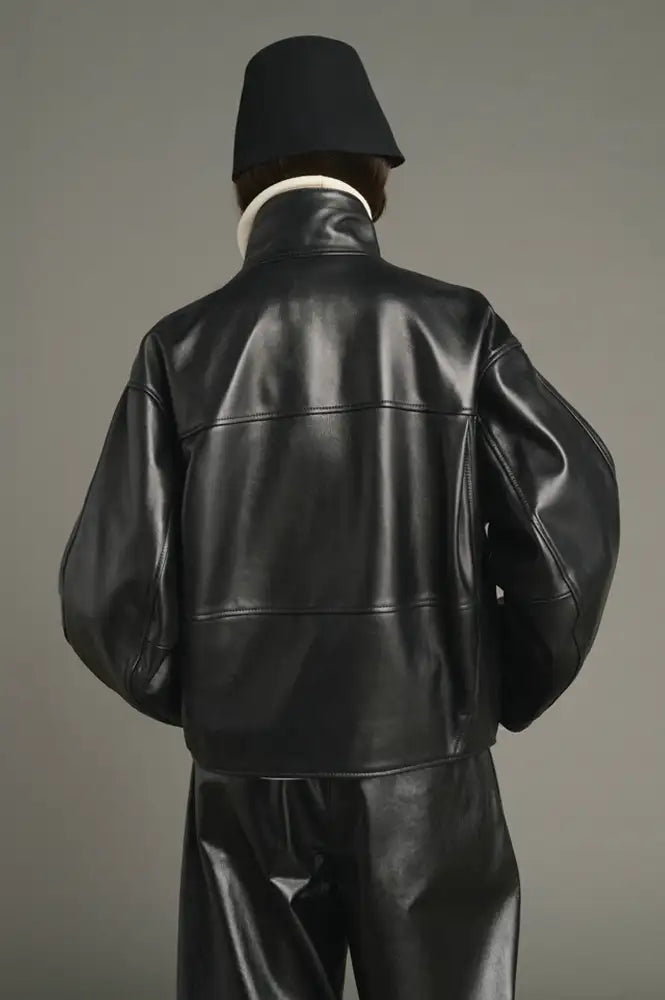 Soeur Gamma Black Glazed Leather Raglan Jacket