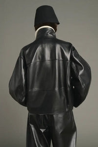 Soeur Gamma Black Glazed Leather Raglan Jacket