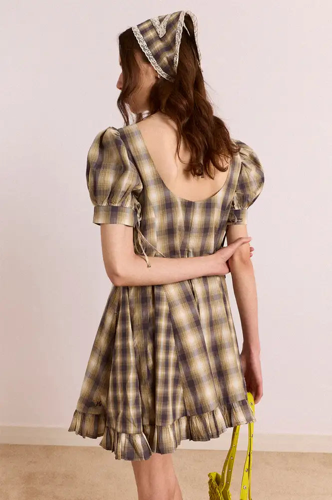 Damson Madder Sabina Cardamon Mix Check Mini Godet Dress