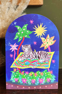 'Tiger on Magic Carpet Bell Jar' Greetings Card: Biodegradable Cello Wrap - The Mercantile London