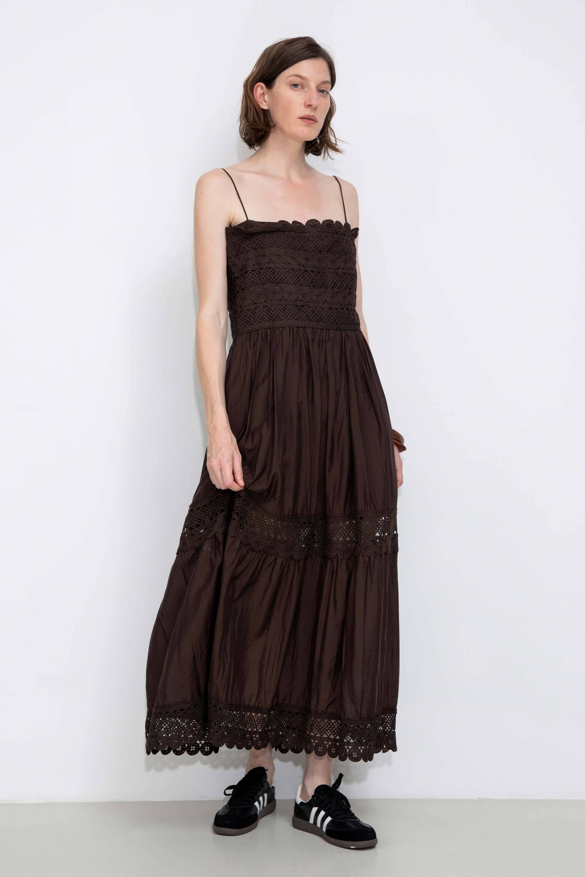 Crochet Lace Panelled Maxi Cami Dress: Brown / S - The Mercantile London