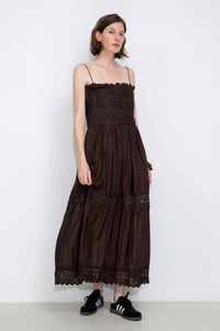 Crochet Lace Panelled Maxi Cami Dress: Brown / S - The Mercantile London