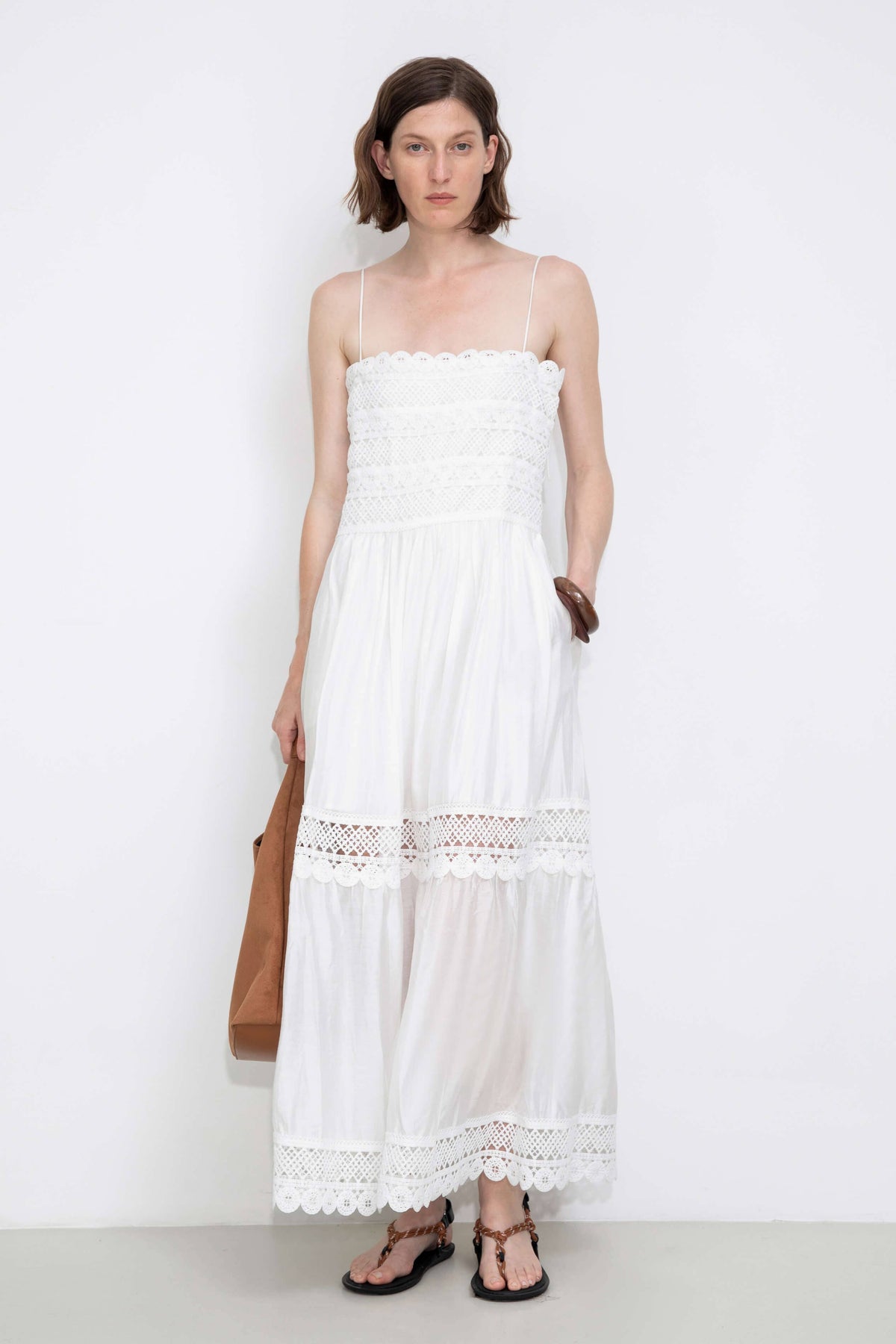 Crochet Lace Panelled Maxi Cami Dress: White / S - The Mercantile London