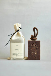 Veley Coco soap bar and packaging on a light gray background