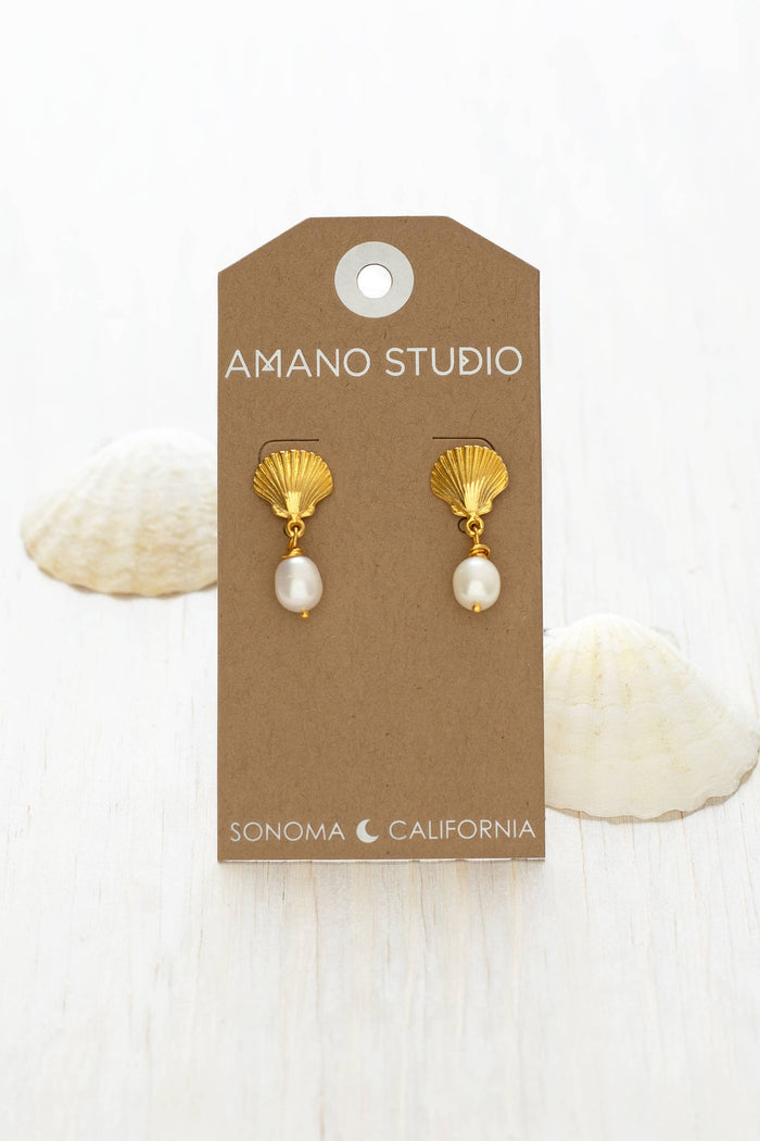 Amano Shell & Pearl Stud Drop Earrings - The Mercantile London