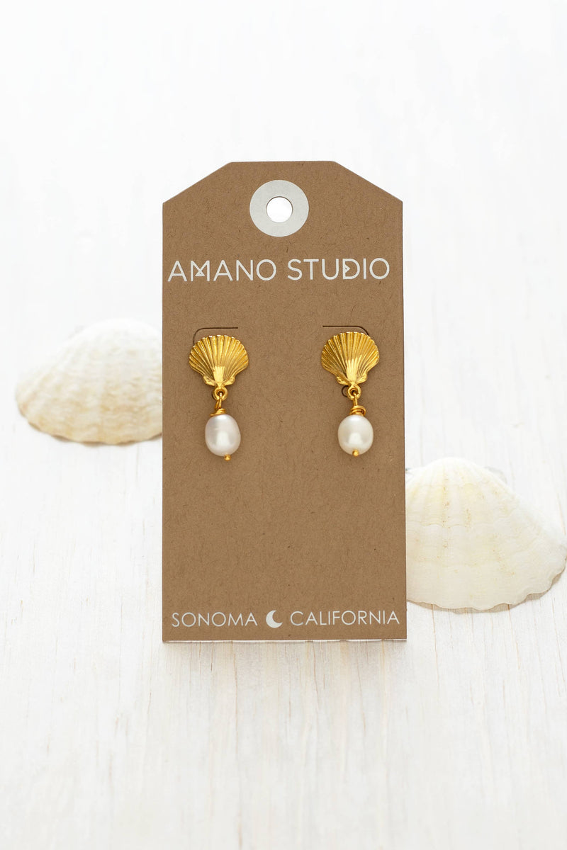 Amano Shell & Pearl Stud Drop Earrings