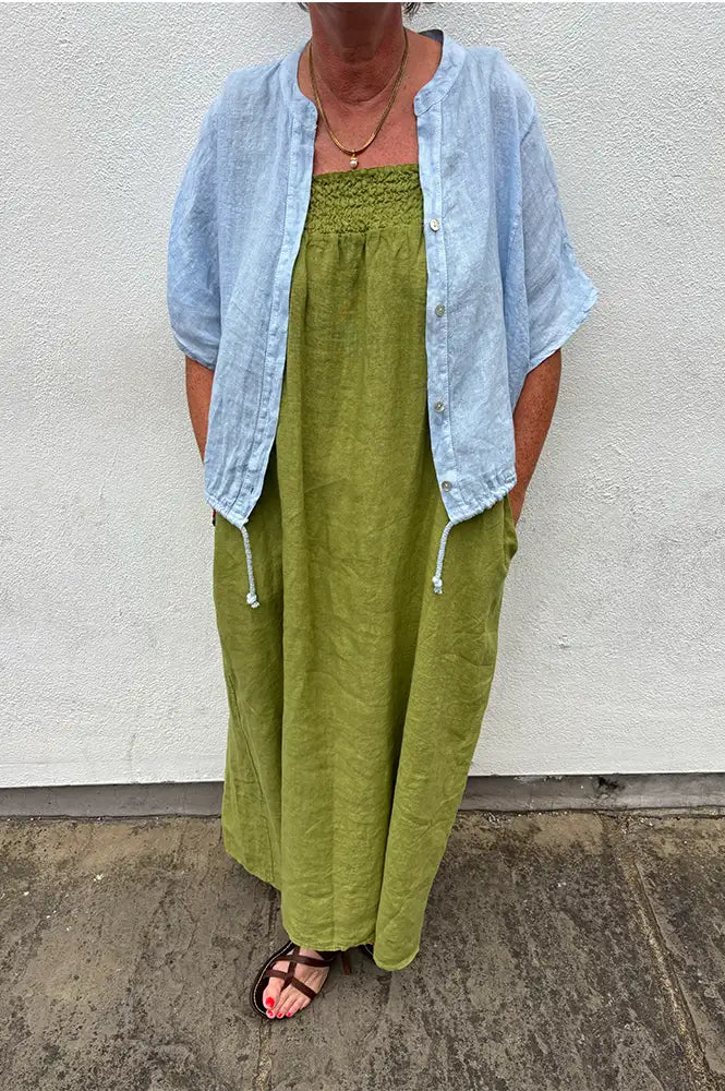 Linen & More Pistachio Ruched Dress