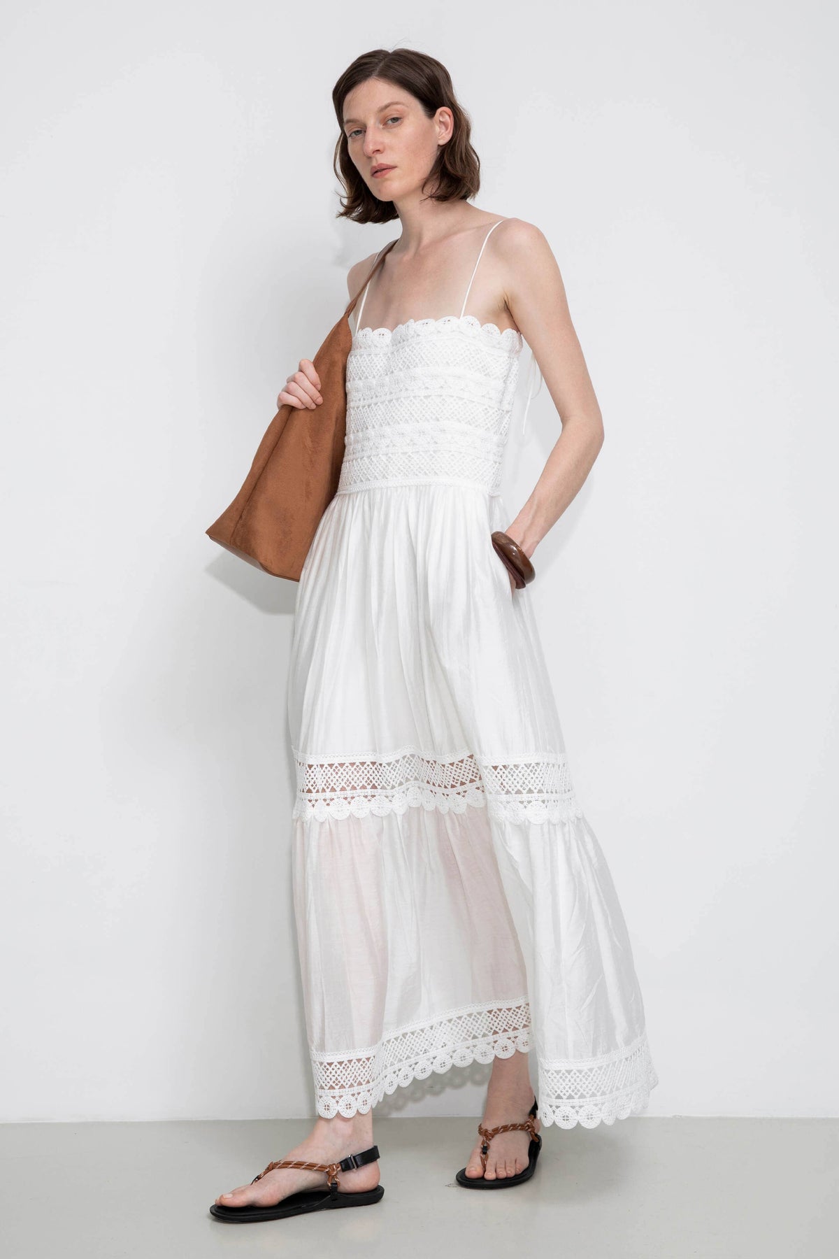 Crochet Lace Panelled Maxi Cami Dress: White / S - The Mercantile London