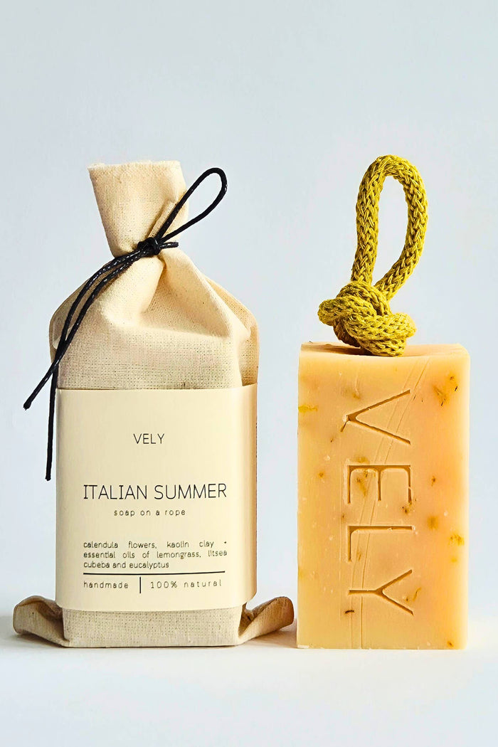 Vely Italian Summer soap on a rope and bar soap on a light gray background
