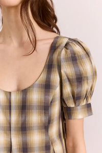 Damson Madder Sabina Cardamon Mix Check Mini Godet Dress