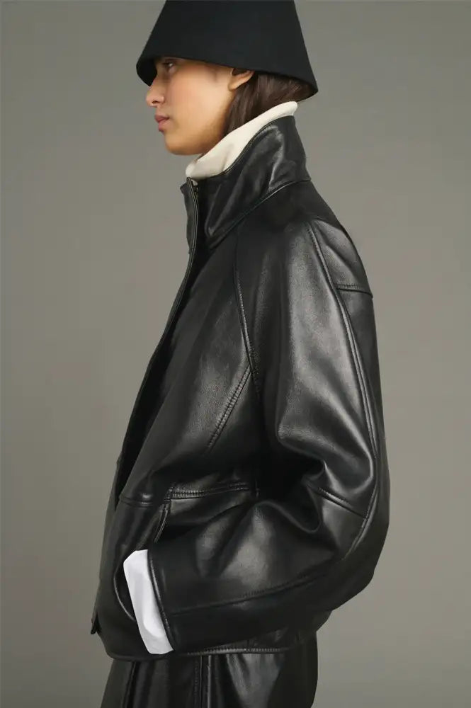 Soeur Gamma Black Glazed Leather Raglan Jacket