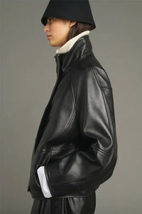 Soeur Gamma Black Glazed Leather Raglan Jacket