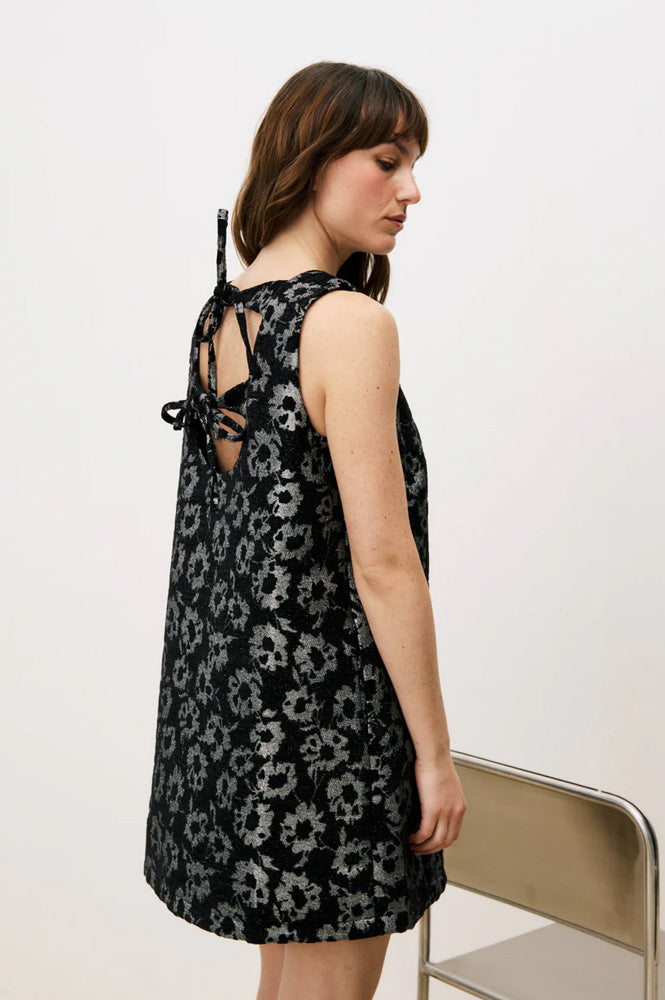 FRNCH Alicia Black And Silver Floral A-Line Mini Dress - The Mercantile London