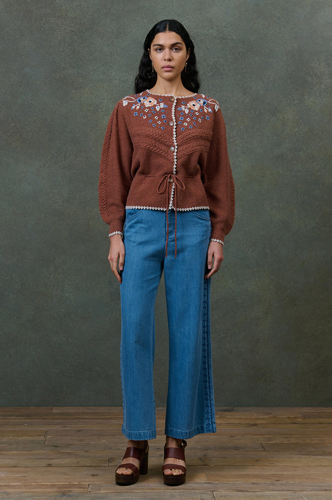 Louise Misha Sandya Embroidered Chestnut Cardigan - The Mercantile London