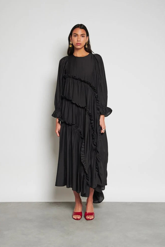 Ghospell Hestia Tiered Black Midi Dress