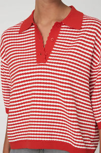 Stella Nova Red & Creme Knitted Polo Top - The Mercantile London