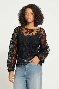 ICHi Balki Black Sheer Floral Blouse