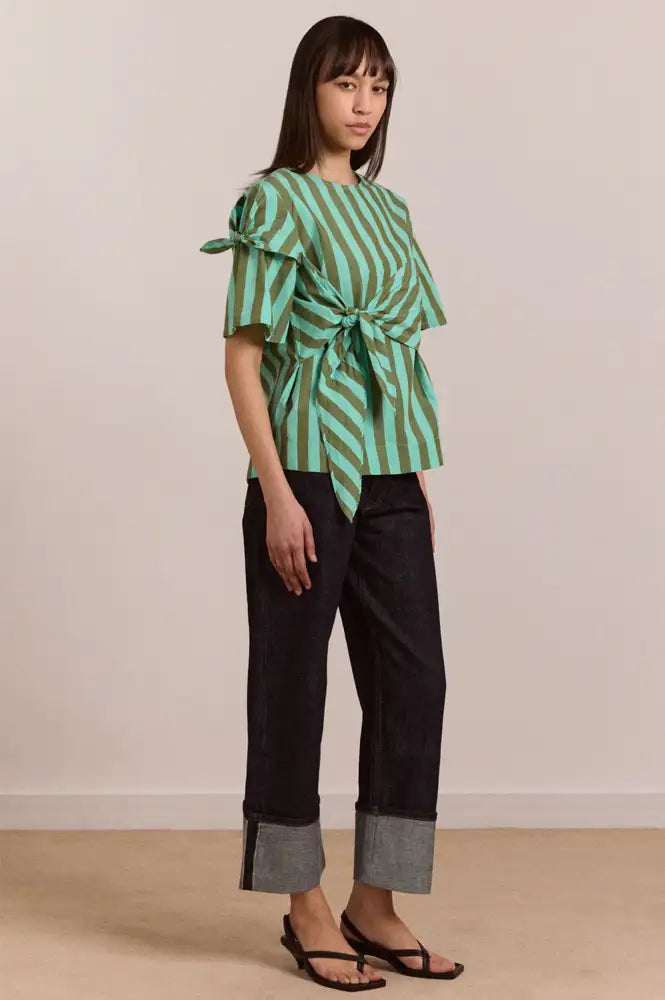 Damson Madder Estelle Aqua Olive Stripe Blouse - The Mercantile London